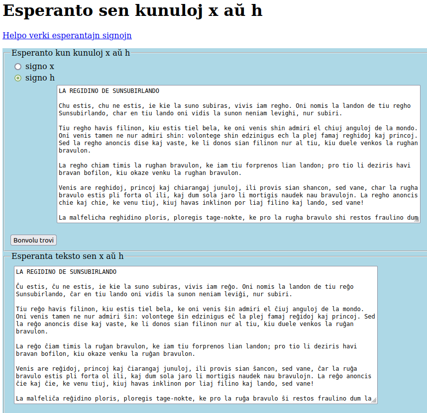 Tradukoj de Esperanta teksto kun x kaj h konjunkcioj